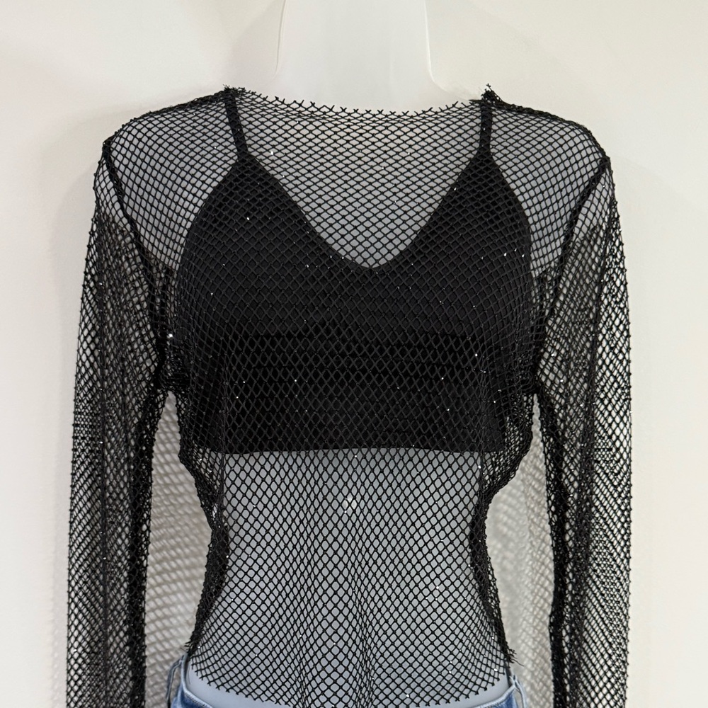 Black Sheer Mesh Top with Long Sleeves